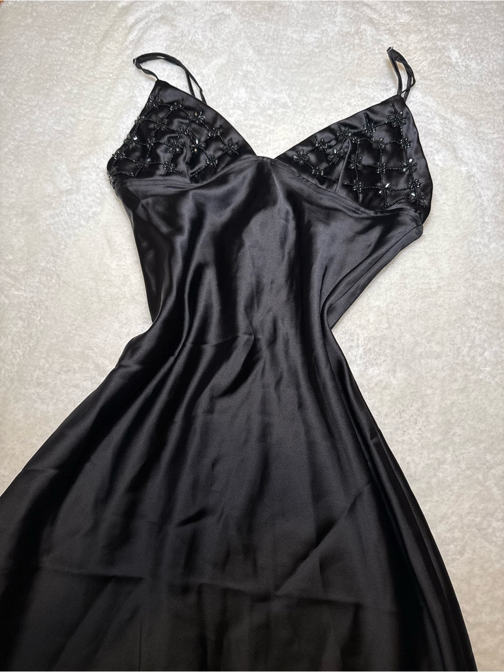 Black Satin Beaded Slip Dress | Midi Evening Dress | Size S - Picture 2 of 9